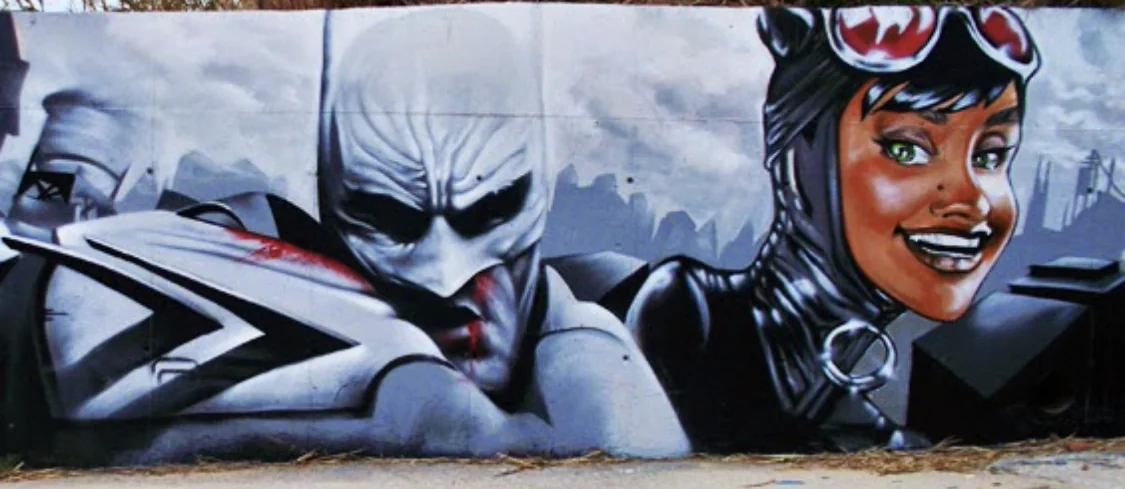 Batman et Catwoman sur une fresque panoramique de Más réalisée à Barcelone
