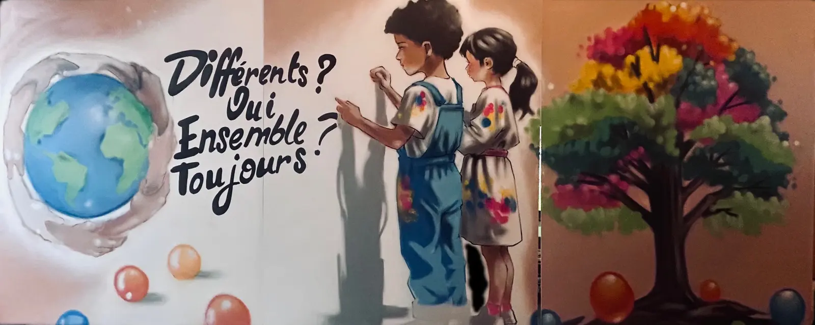 La laïcité en partage, fresque murale de MAS GRAFFITI — CAF Belcier · Bordeaux