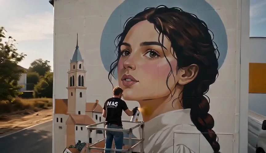 L’artiste devant la façade JULIETTE dans le film de création de Más, Du mur à la Lune