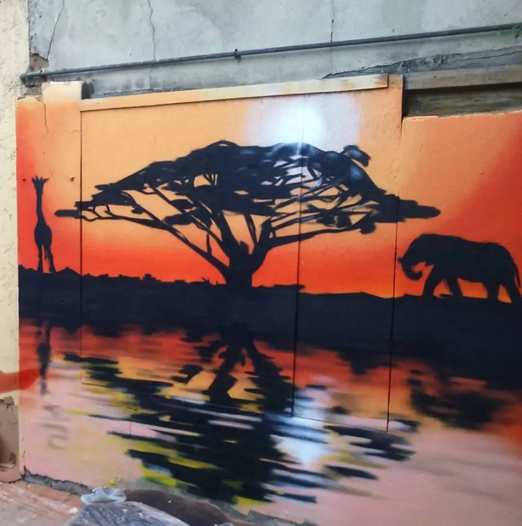 Savane, fresque murale de MAS GRAFFITI — Restaurant · Bourg